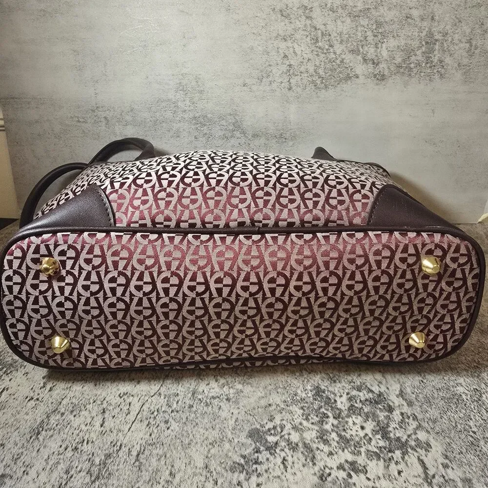 Etienne Aigner Burgundy Brown Logo Fabric Leather Handbag Purse W Wallet Makeup